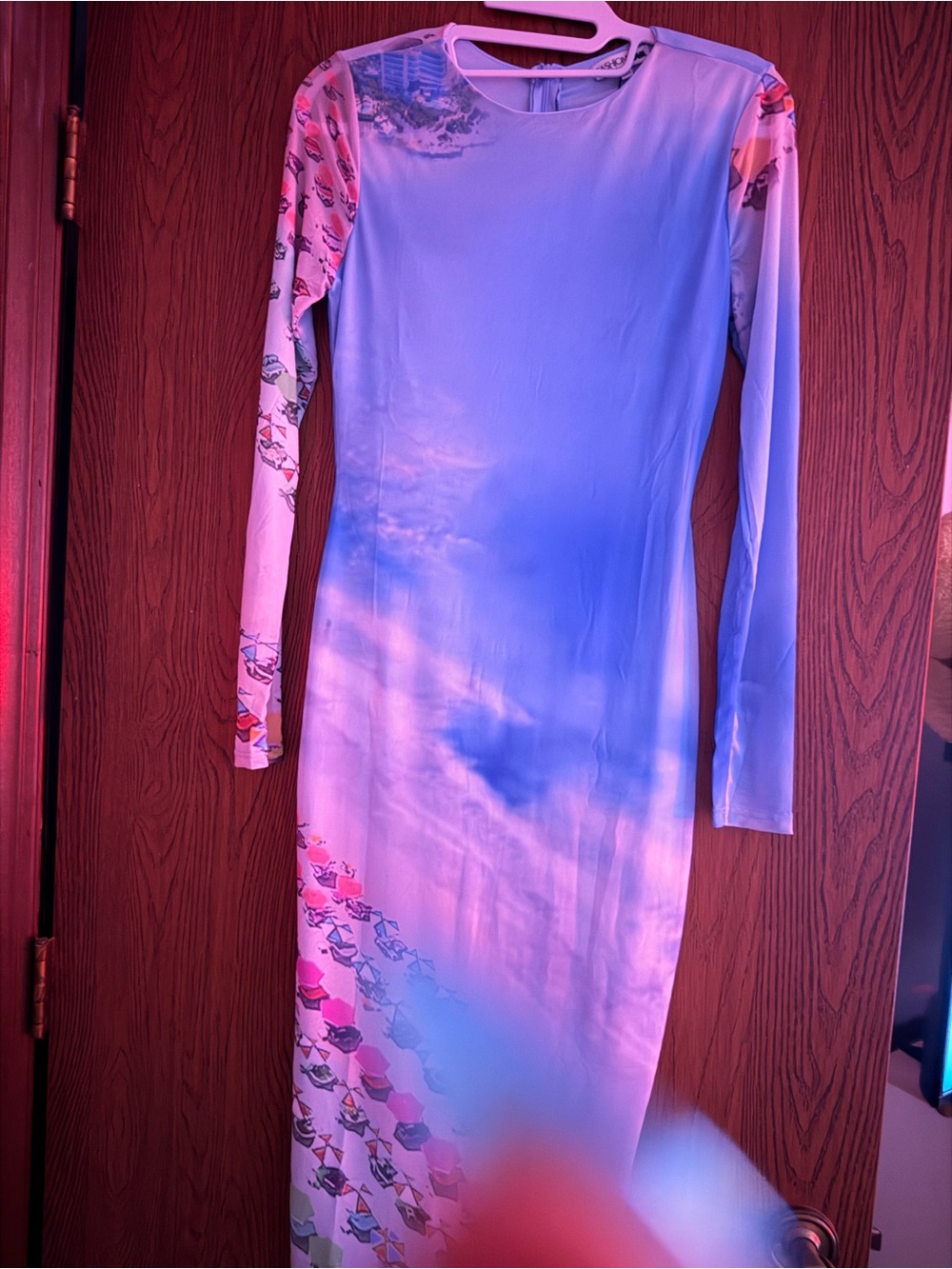 Fashion Nova Sky Gradient Long Sleeve Bodycon Dress - Light Blue & Pink Accents